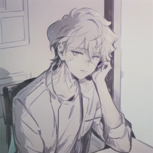1boy, bishounen, casual, indoors, sitting, coffee shop, bokeh <lora:Take On Me style:1>