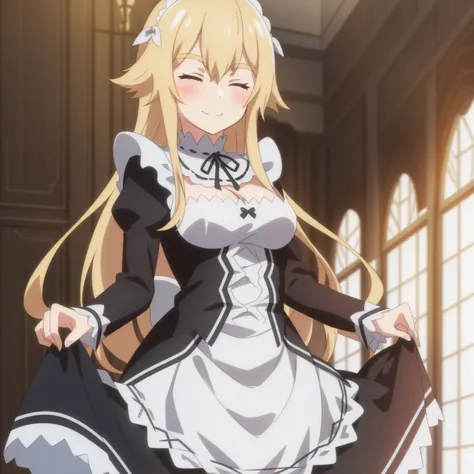 <lora:frederica:1>,
anime screencap,
1girl, roswaal mansion maid uniform, solo, blonde hair, long hair, maid, closed eyes, skirt...