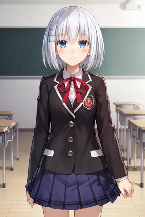 masterpiece, best quality,
1girl, tobiischool, white hair, hair between eyes, short hair, bangs, blue eyes,  hair ornament,
blazer, jacket, school uniform, skirt,
smile, blush, solo, looking at viewer, indoors, classroom background <lora:OrigamiTobiichi:1>