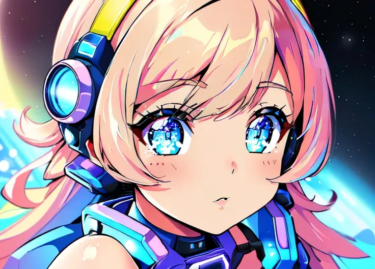 a close up of a girl with headphones on and a planet in the background