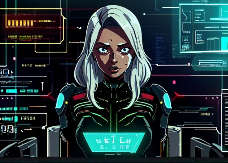 a woman in a futuristic suit standing in front of a computer screen