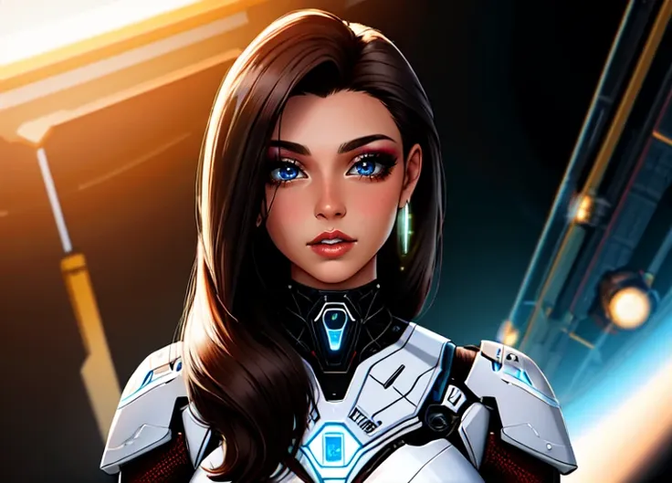 a close up of a woman in a futuristic suit with a sci - futuristic look