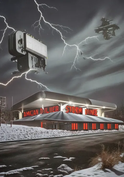 1985 pennsylvania town american diner, storm, galaxy, rain, constructionism, futuristic-fractalpunk