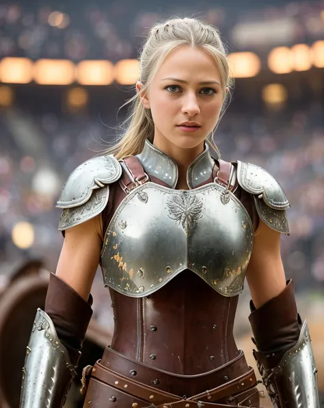 cowboy shot portrait of MarileeSD15b in leather full gladiator armor including pants, (determined facial expression), (walking directly toward camera in a gladiator arena with dead bodies on the ground in the background), arena stands are full of cheering ...