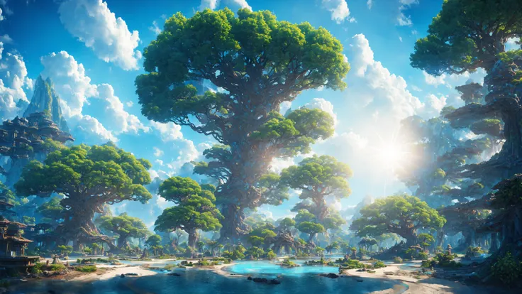 masterpiece, best quality, high quality, extremely detailed cg unity 8k wallpaper, a hyperrealistic colossal cyan raintree, in a...