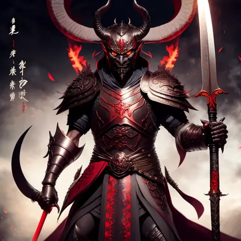 photo, an illustration of a demon in armor holding a sword (fantasydaimyo style:1)  <lora:djzfantasydaimyov21:0.8>