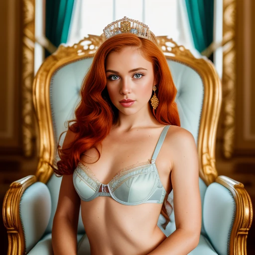 RAW, Nikon z 85mm, hyper-detailed, Award Winning Glamour Photograph of gorgeous adult Russian Princess, 18th century, goddess, ginger hair hair, ((ginger pubic hair)), , petite, fit, gorgeous body, Throne Room, gold and light blue lingerie, ((high detailed...