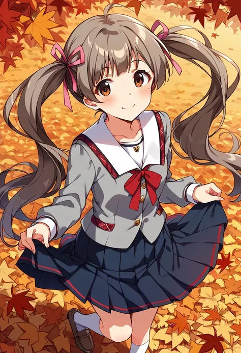 a girl in a school uniform is standing in a field of leaves