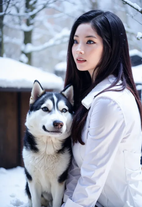 A girl next to a husky dog, green eyes, long hair, soft face, <lora:add_detail:0.6>, outside, snow, <lora:Dahyun-02:1>