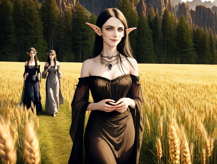 A group of goblin women, photography, Cowboy shot, 1.8f, masterpiece, high quality, highres, young skinny Victorian goblin, 3girls with (wide face) and (large eyes:1.4) smiling while walking through a field, mountains, trees, wheat field, evening sun, hand...
