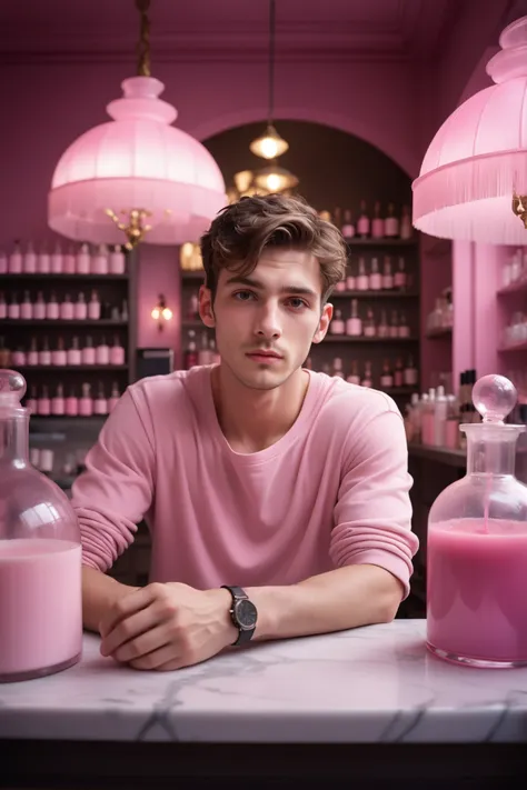 arafed man sitting at a table with pink bottles and a pink lamp