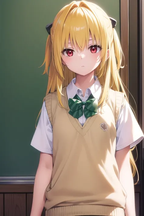 toloveruyami, <lyco:toloveruyami-lyco-nochekaiser:1>, 
yami, (yellow hair:1.5), long hair, (red eyes:1.5), (hair ornament:1.2), two side up, (small chest:1.2), 
BREAK school uniform, shirt, white shirt, bow, (green bow:1.5), skirt, (green skirt:1.2), pleat...