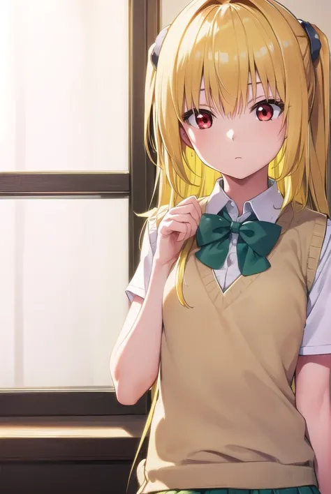 toloveruyami, <lyco:toloveruyami-lyco-nochekaiser:1>, 
yami, (yellow hair:1.5), long hair, (red eyes:1.5), (hair ornament:1.2), two side up, (small chest:1.2), 
BREAK school uniform, shirt, white shirt, bow, (green bow:1.5), skirt, (green skirt:1.2), pleat...