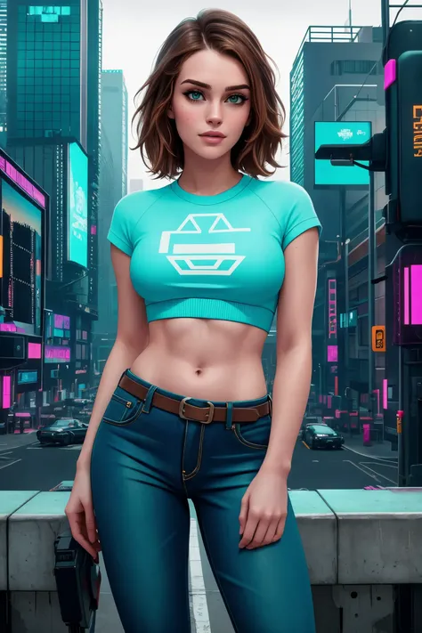 ,  young woman,  closeup upper body, middle shot,
,Polaroid,
([Emma( :0)Watson|Winona( :0)Ryder| Keira( :0)Knightley]:0.9), average,
Turquoise jeans,
highres, detailed, sexy,well dressed, realistic,
Dystopian future city and cyberpunk theme at the backgrou...