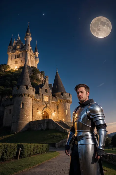 Knight and medieval castle and moonlight and front angle.