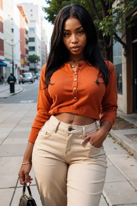 a woman in an orange shirt and tan pants walking down a street