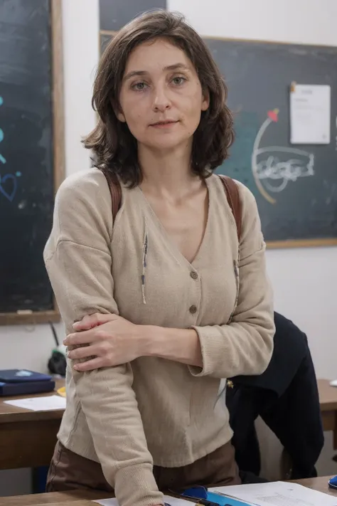 woman standing in front of a blackboard in a classroom