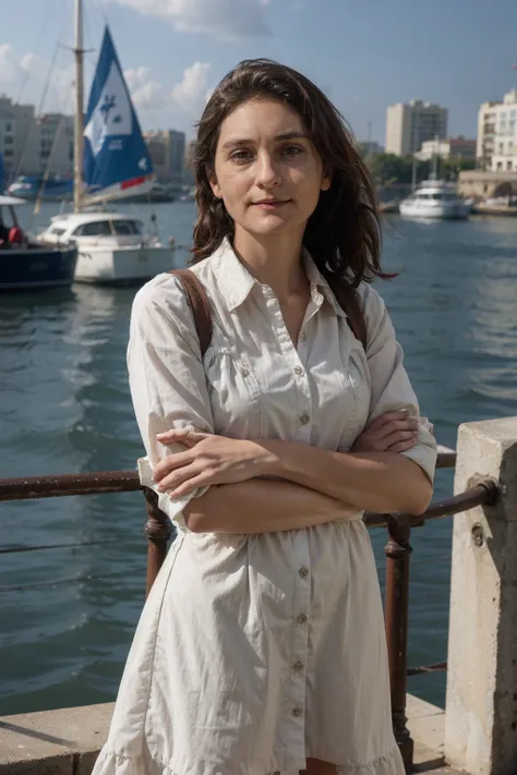 arafed woman standing on a pier with a sailboat in the background