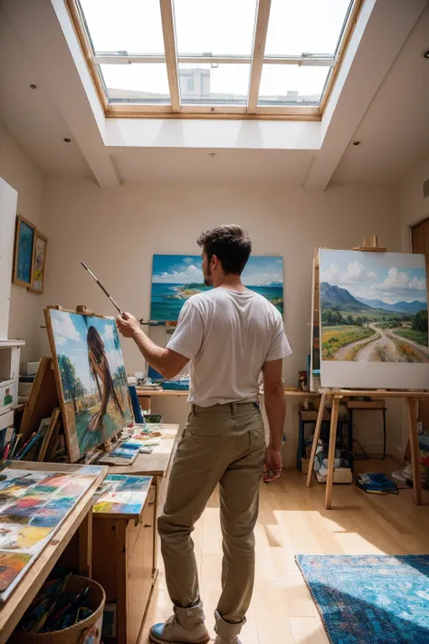 arafed man painting in a studio with skylight