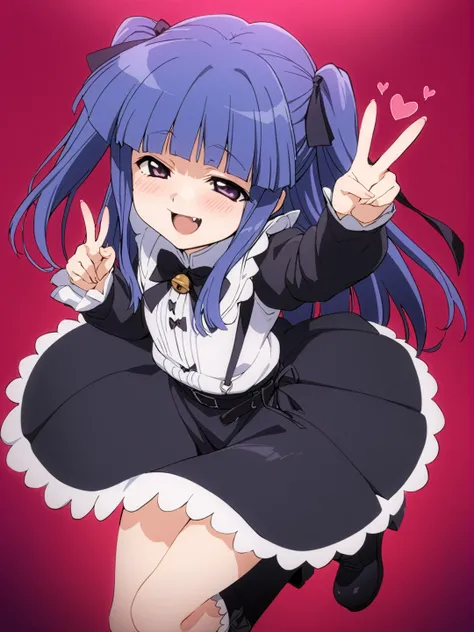 masterpiece, best quality, <lora:0r0P00W0n0j0O0kqLSDXL_LoRA_V1:1>, 1girl, solo, furude rika, blue hair, purple eyes, long hair, blunt bangs, bangs, skirt, fang, shirt, bell, smile, boots, open mouth, red background, v, high heels, heart, crossdressing, fr...