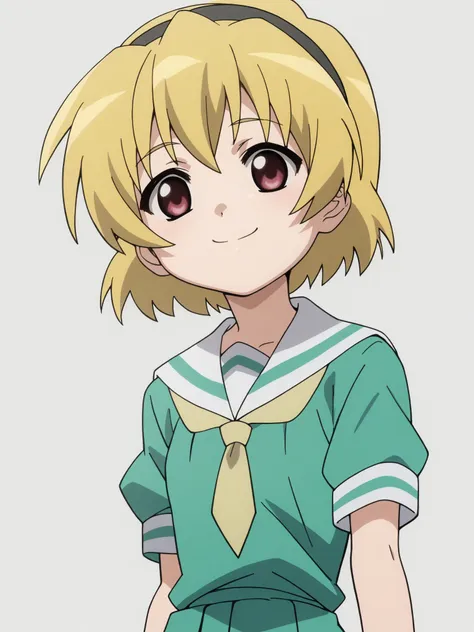 anime girl with blonde hair and green dress and white collared shirt