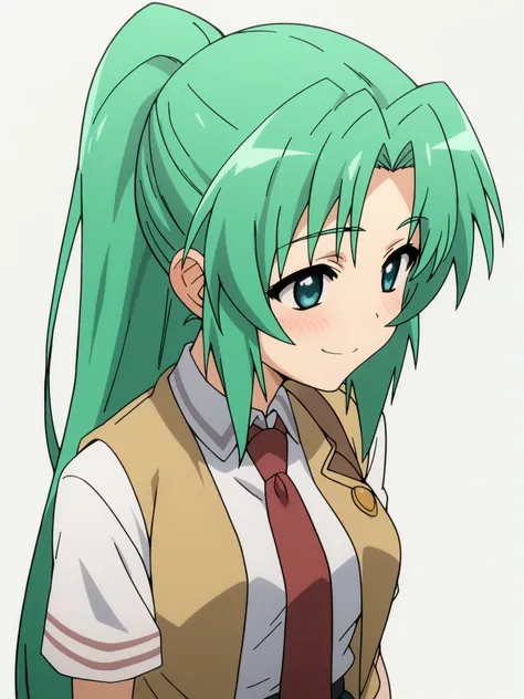 anime girl with green hair and a tie in a school uniform