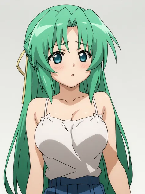 a woman with green hair and a white top is posing