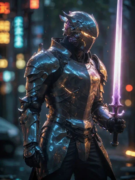 (masterpiece, best quality, ultra-detailed, best shadow), cinematic film still, photo of a man wearing a high tech scifi armor, samurai armor, male focus, armor, solo, cape, menpo, glowing eyes, blurry background, katana sword handle on back, power armor, ...