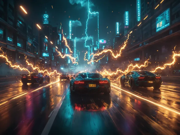 glowneon, cinematic film still, multiple cars racing super fast, emitting sparks and lightnings, dark cyan and gold <lora:glowneon_xl_v1:1>   <lora:add-detail-xl:0.8>