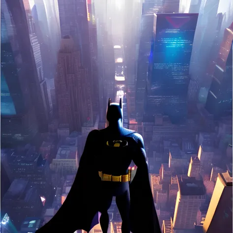 (smitsv )style of batman wearing a cape looking down in the middle of the city , (potrait)