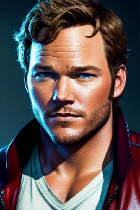 Realistic portraits of a star lord chris pratt by Greg Rutkowski, realistic eyes, intricate details, skin pores, realistic skin, photorealism, photography, high quality, 32K, detailed portrait, digital painting, artstation, concept art, smooth, sharp foccu...