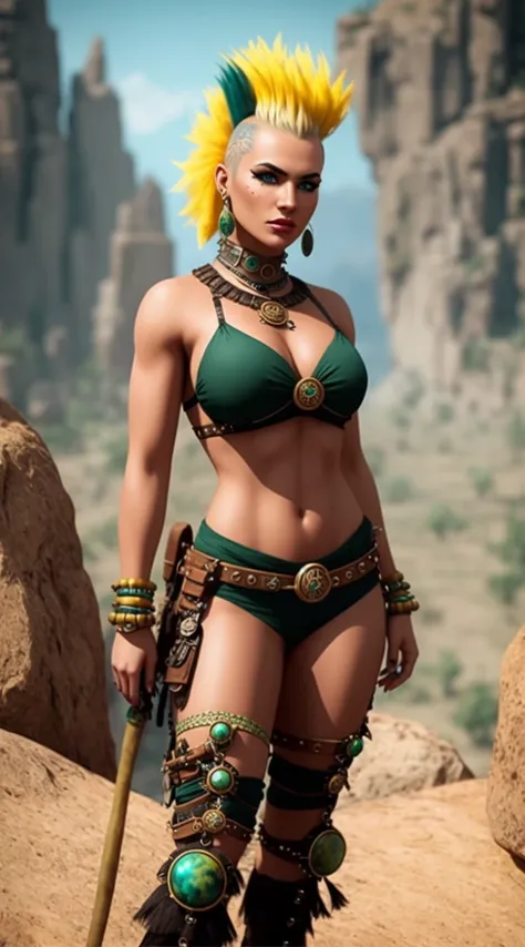 tiktok girl, (from_side:1.3) (standing:1.2) blonde_hair , mohawk , steampunk , green caveman outfit, stone age , on allen planet , jewelry, (full_body:1.4), (realistic:1.4), masterpiece, high quality, realistic lighting, center of frame, 8k, hdr, amateur, ...
