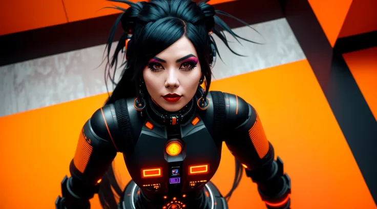 tiktok girl, (from_above:1.3) (lying:1.2) black_hair , long_hair , cyberpunk , orange (robot) , (in zero-gravity) , jewelry, (full_body:1.4), (realistic:1.4), masterpiece, high quality, realistic lighting, center of frame, 8k, hdr, amateur, face tattoo