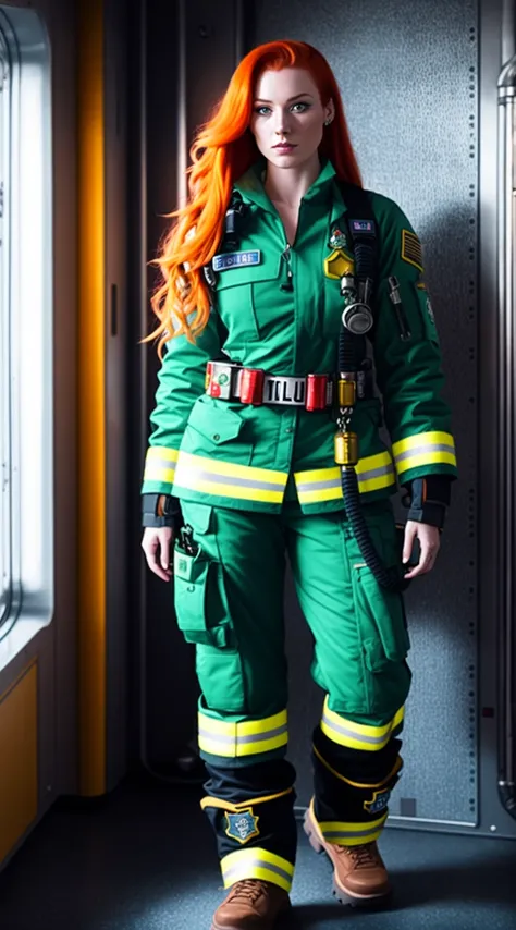 tiktok girl, (full_body_shot:1.3) (crossed_ankles:1.2) redhead , locks , future era, futuristic , green (firefighter) uniform , on space station , jewelry, (full_body:1.4), (realistic:1.4), masterpiece, high quality, realistic lighting, center of frame, 8k...
