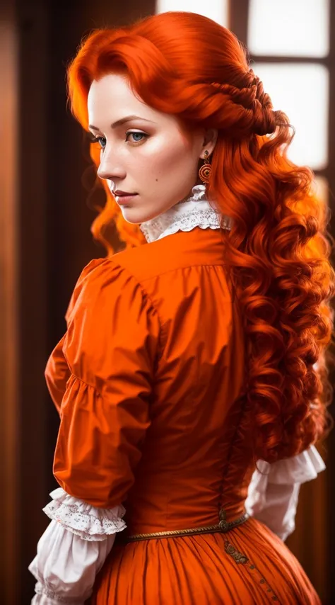 tiktok girl, (from_behind:1.3) (lying:1.2) redhead , wavy_hair , victorian era , orange (open shirt) , on ramparts , jewelry, (f...