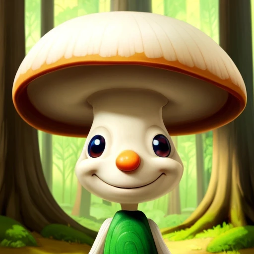 majestic painting, mushroom, anthropormorphic, face, smiling, stylized, forest setting