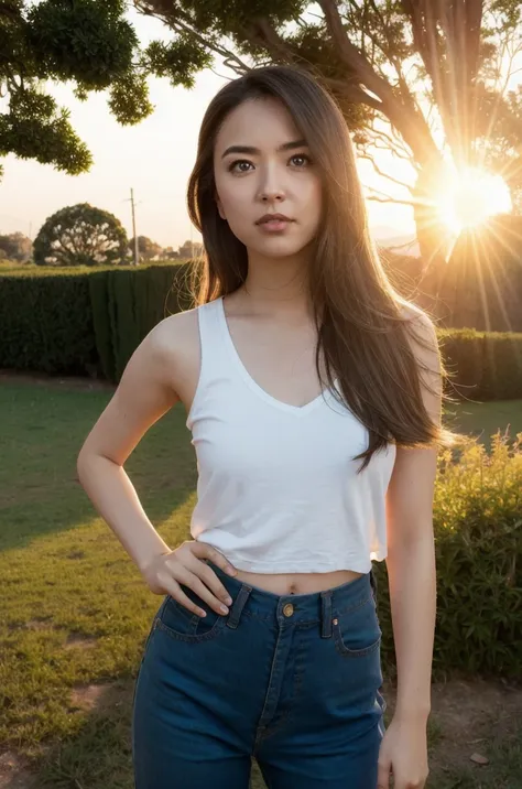 a close up of a woman standing in a field with a sun behind her