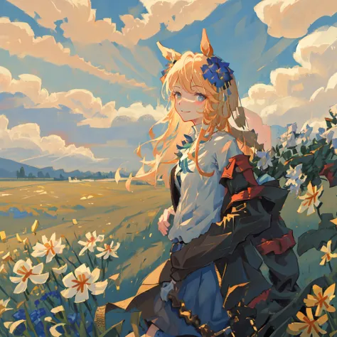 ((masterpiece, best quality)),1girl, horse ears, ((flowers meadows)), cloudy sky, sunlight, smile, arms behind back