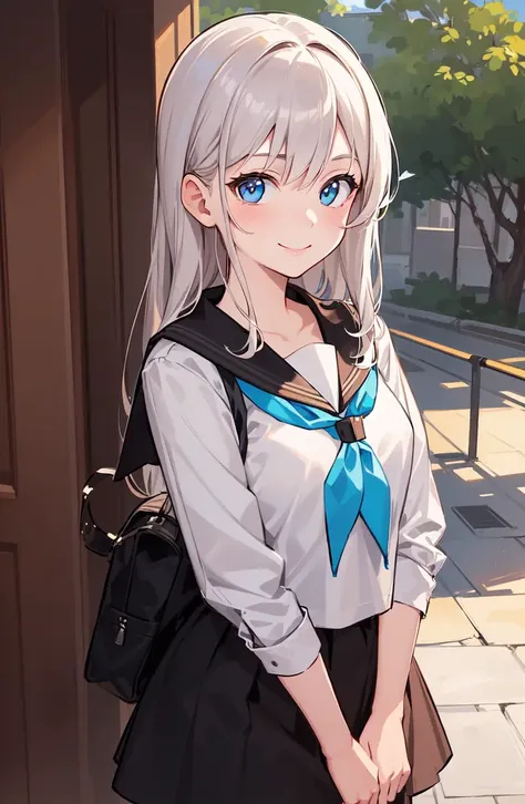 anime girl with long white hair and blue eyes standing in front of a building