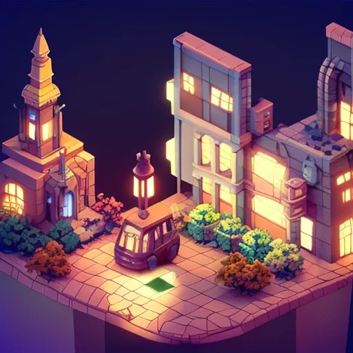 isometricfuture, anime style school, isometric cutaway, night sky,  city view, depth of field,  full-hd, rim lighting, vibrant s...