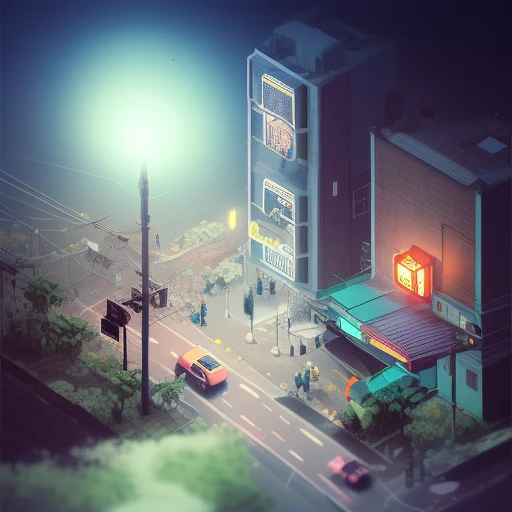 isometricfuture,  isometric cutaway,tokyo city, neon cyberpunk,thunderstorm, stormy sky, thunderous clouds, night sky, thunderst...