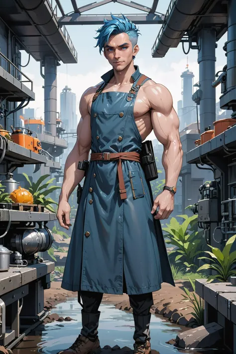 (full body:1.2), 1boy, man, ruggedly handsome, solo, [:creative costume design,:0.2] engineer, dark sandybrown trenchcoat, apron, caucasian, blue hair, (muscular:1) build, cheerful scifi town in a Freshwater Biome<lora:EnvyBetterHiresFixXL01:0:hr=1>