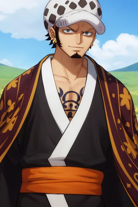 masterpiece, best quality, 1boy, trafalgar law, tdlwano, black hair, hat, chest tattoo, earrings, facial hair, long sideburns, goatee, japanese clothes, kimono, over shoulder, upper body, looking at viewer, smile, solo, blue sky, grass, meadow background <...