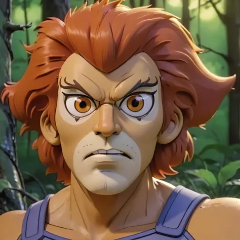 close-up, Lion-O man standing in a forest  <lora:Lion-O-v1-000003:0.7> stylized 3D cartoon, big eyes, big head, cinematic light, high contrast shadows