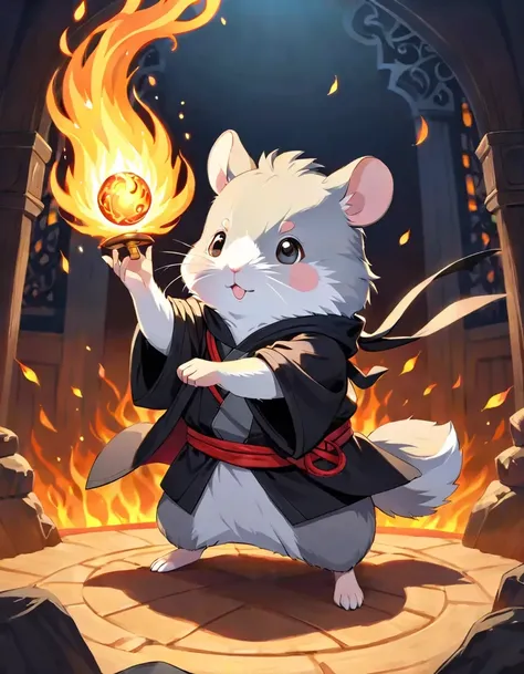 A grey hamster dressed in a black ninja outfit, casting a spell of fire magic. The scene is dynamic, capturing the intensity of the magic. The hamster stands on its hind legs, with one paw extended forward as if releasing the fiery magic. The background sh...