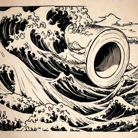 Drawing of "The Great Wave" by Hokusai on a roll of toilet paper, with precise and intricate details capturing the iconic wave, Mount Fuji in the background, and the boats in the foreground, all delicately sketched in black ink on the white toilet paper ba...