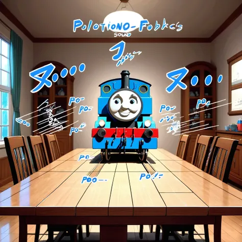 Thomas the tank engine,  on table, dining room, text, ("PO":1.3), (motion lines, sound effects:1.9), no humans, masterpiece, best quality