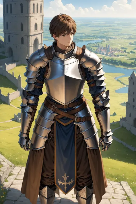 1boy, solo, armor, belt, breastplate, brown eyes, brown hair, dutch angle, full armor, gauntlets, gauntlets, knight, scenery, sidelocks, masterpiece, best quality