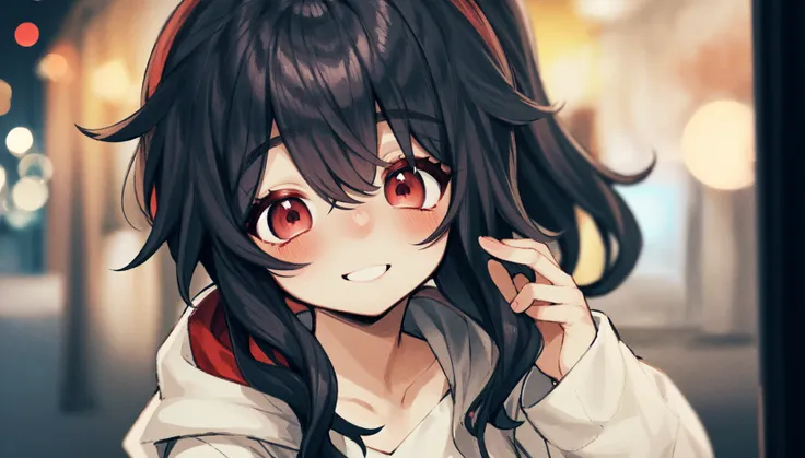 best quality, masterpiece, extremely detailed, detailed background, 1girl, solo, black hair, red eyes, wavy hair, fluffy hair, ponytail, hoodie, fashion, high streets, blush, smile, street light, looking at viewer, depth of field, bokeh, solo focus, close ...