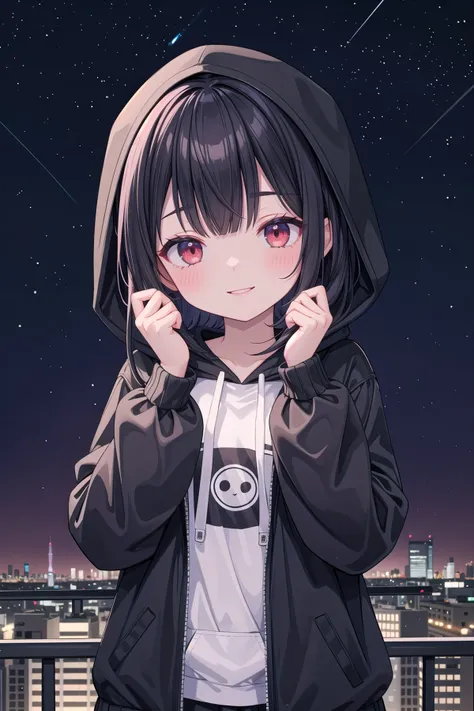 (masterpiece), night, city, 1girl, smile, blush, black hoodie, hood up, red eyes, black hair, medium bangs, hair over one eyes